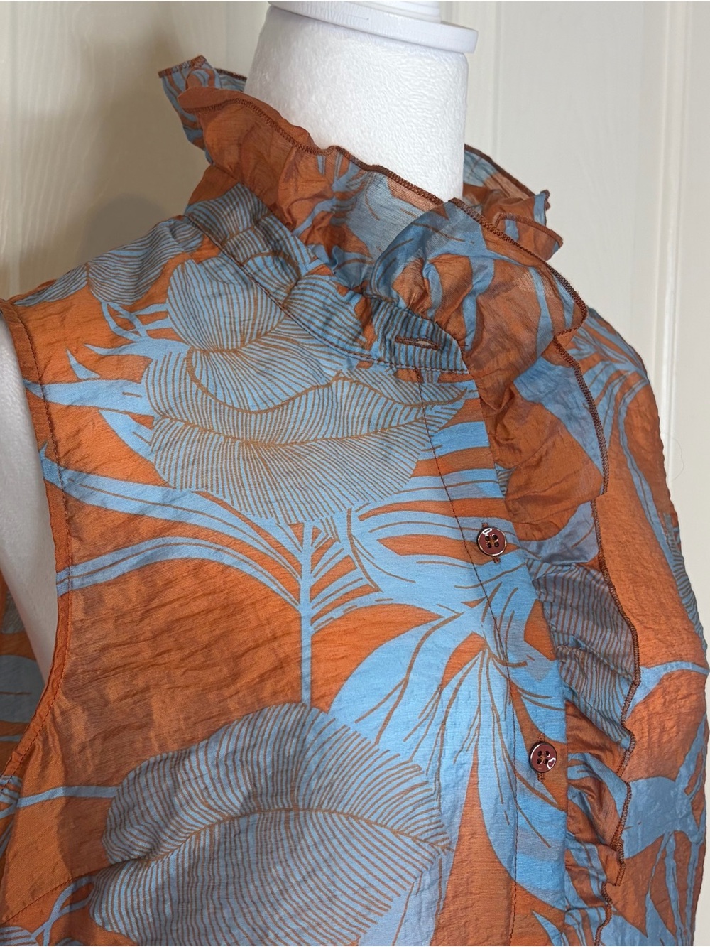 CAbi Sheer Blouse in Rust & Slate Blue Tropical print. - Picture 4 of 8